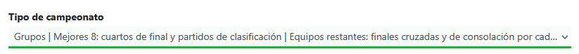Ajustes de la categor&iacute;a: elegir el tipo de torneo Grupos | Mejores 8: cuartos de final y partidos de clasificaci&oacute;n | Equipos restantes: finales cruzadas y de consolaci&oacute;n por cada 4 equipos