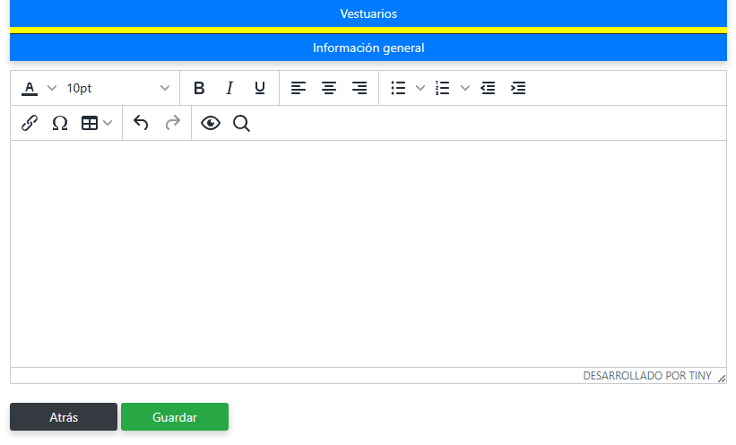 Establecer texto general de vestuarios