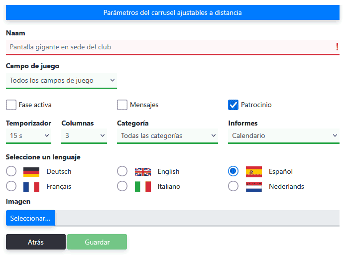 Pantalla de configuración parámetros de carrusel pantalla de presentación