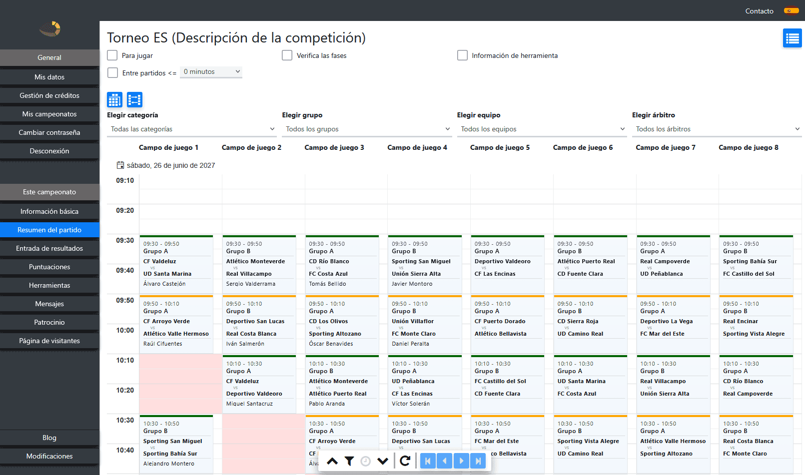 Resumen de partidos por día y campo