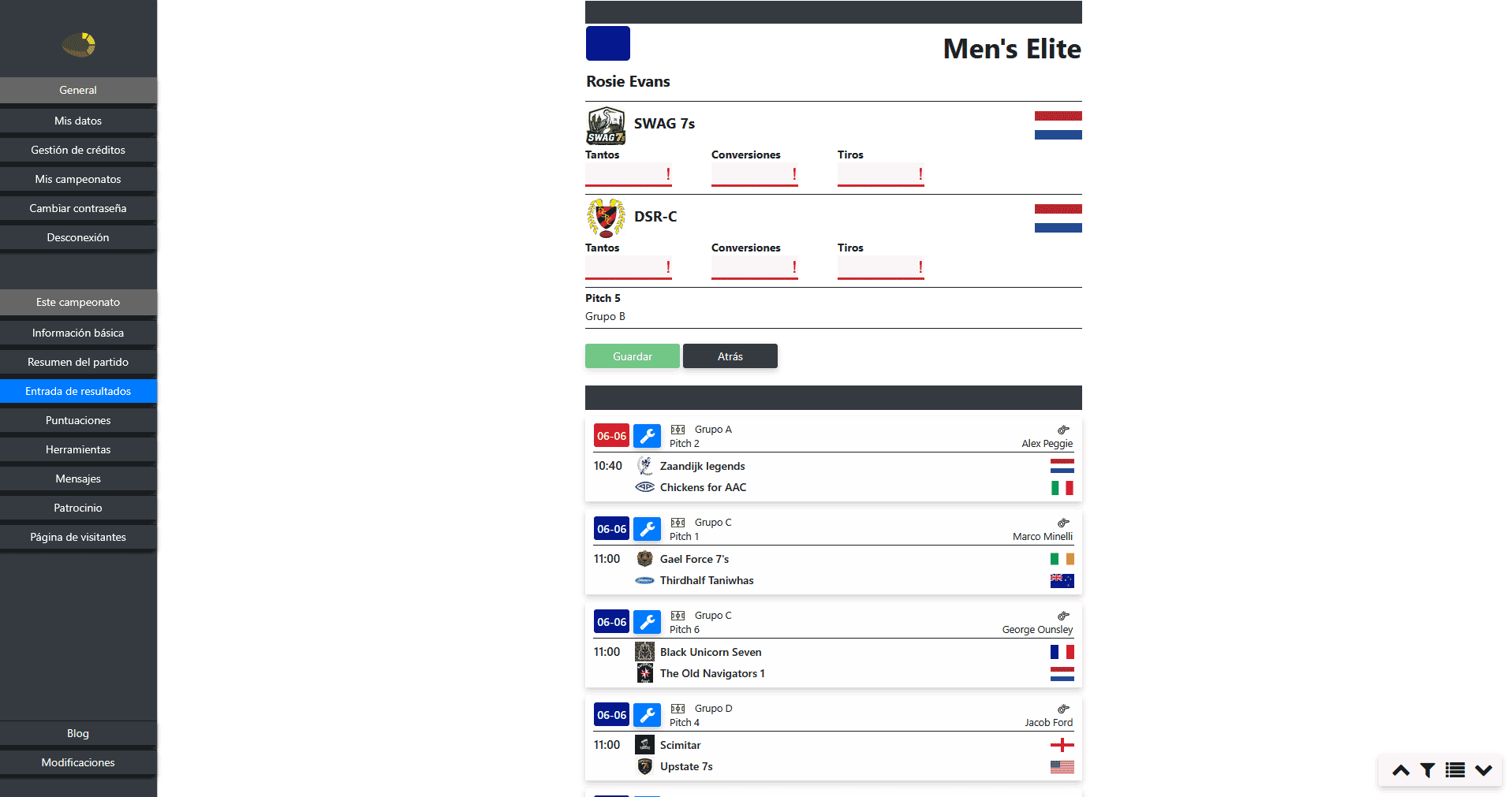 Introducir resultados de rugby en el software de torneos online con registro de ensayos, transformaciones y pateos