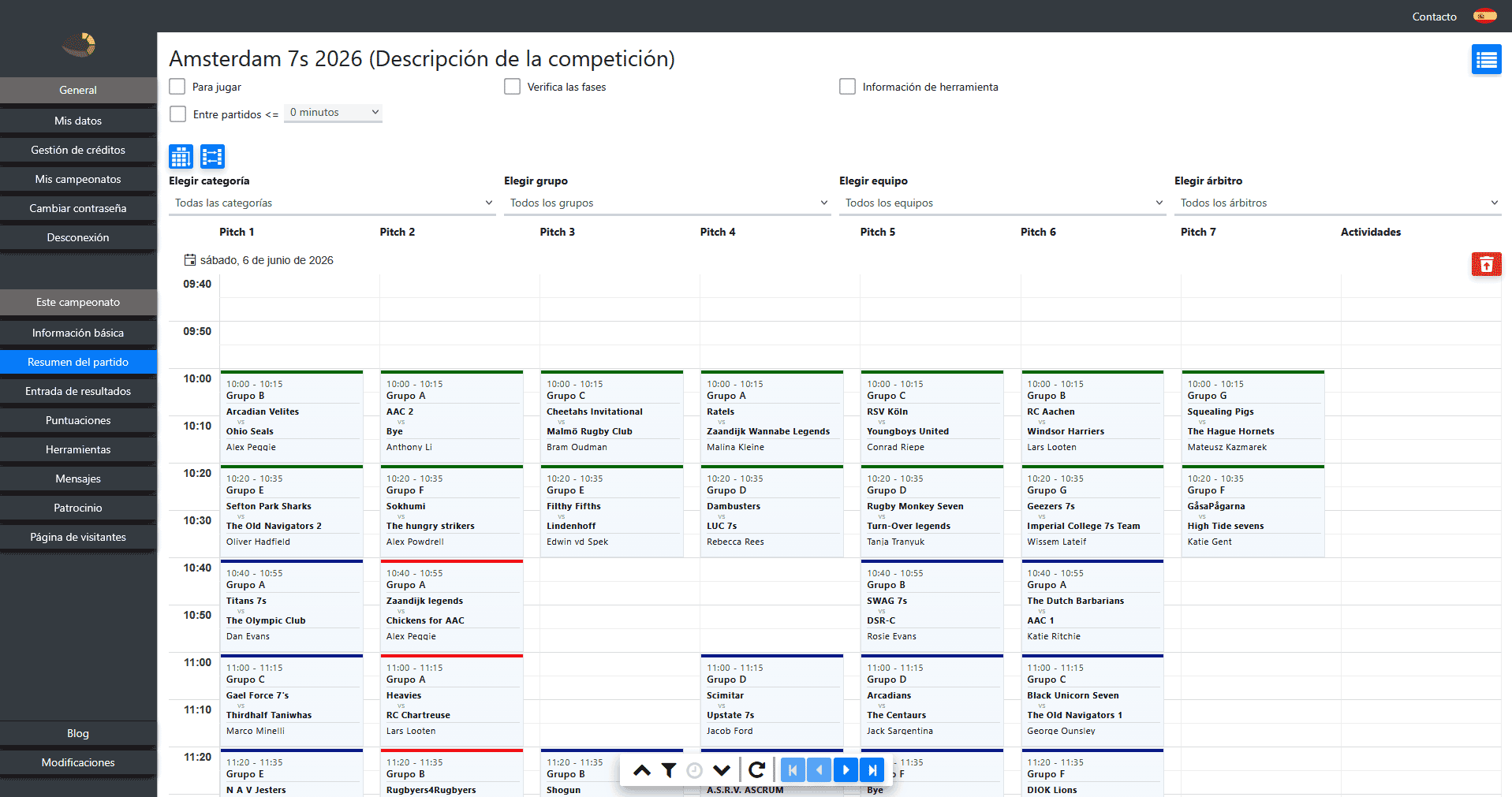 Planificación automática de campos y planificador de calendario para varios campos de rugby