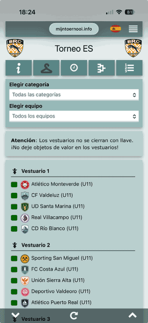Información práctica del club, como la asignación de vestuarios