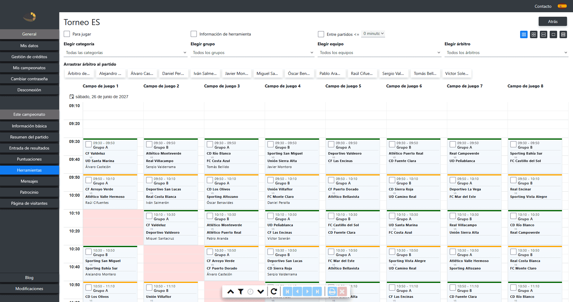 Planificador de árbitros y cuadro gráfico del torneo con clasificación en vivo