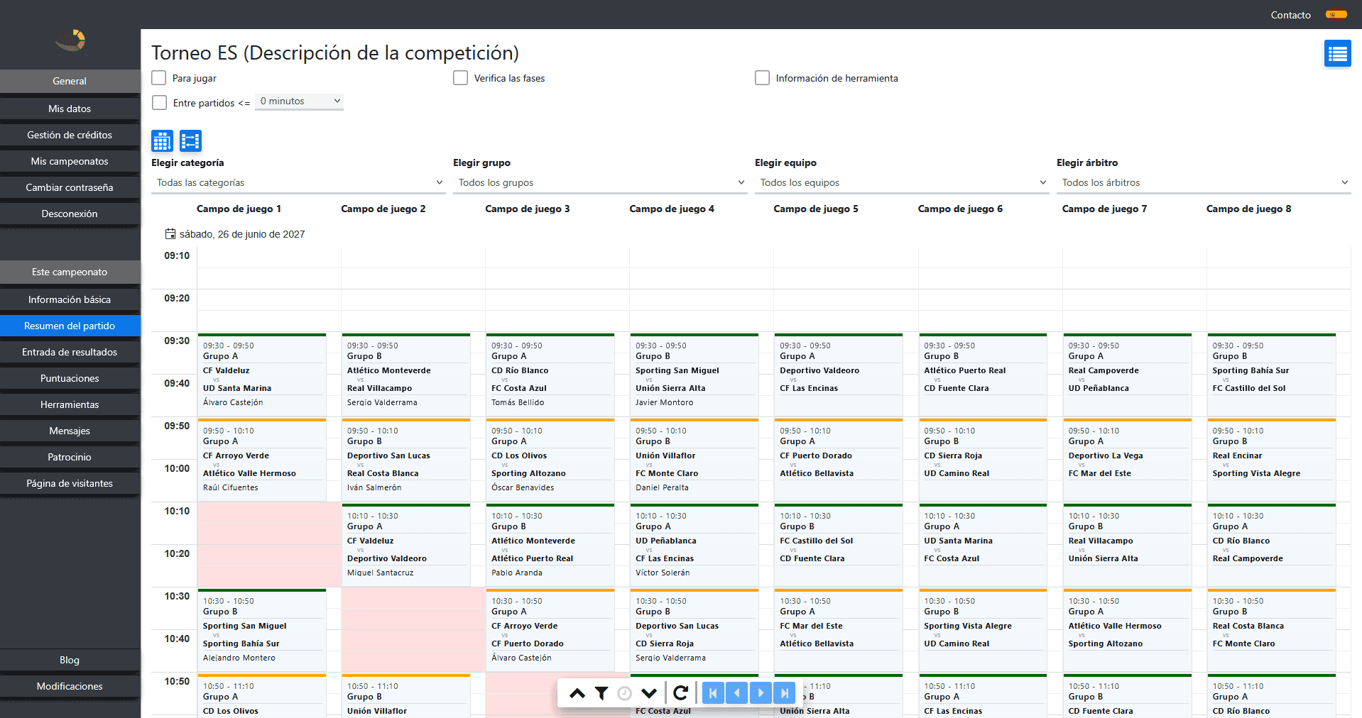 Módulo de planificación visual con los partidos distribuidos en los campos de fútbol